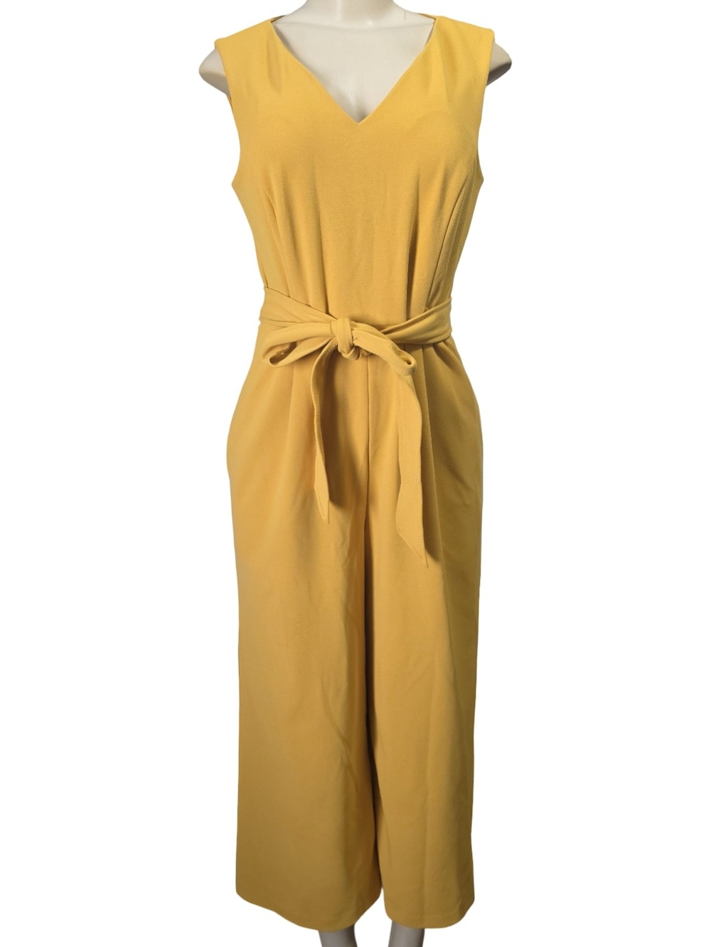 Calvin Klein Women's Sleeveless Belted Jumpsuit Size 8 Mustard Wide Leg V-Neck